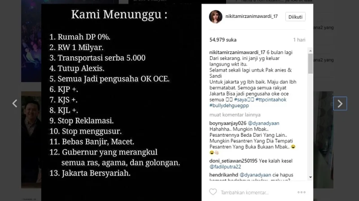 Antara Nikita Mirzani dan Anies-Sandi: Menunggu Program dan Ucapan Selamat