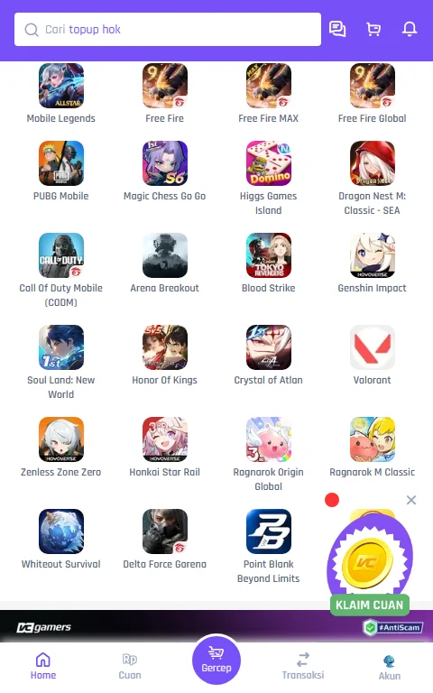 Top Up Mobile Legends di VCGamers